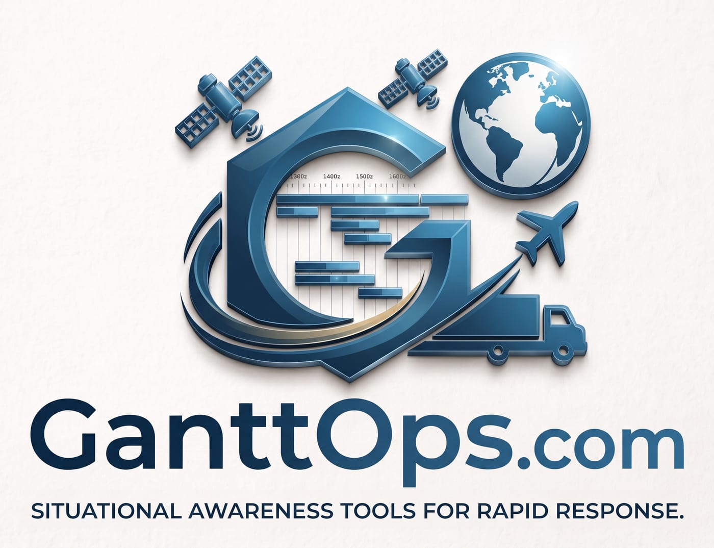 GanttOps.com — a Gantt timeline drawn inside a stylised GO monogram, ringed by satellites, a globe, an aircraft and a truck.